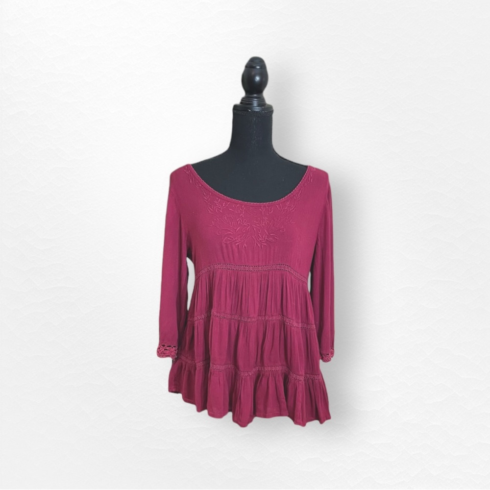Japna Half Sleeve Flowy Peasant Embroidered Bohemian Blouse in Maroon